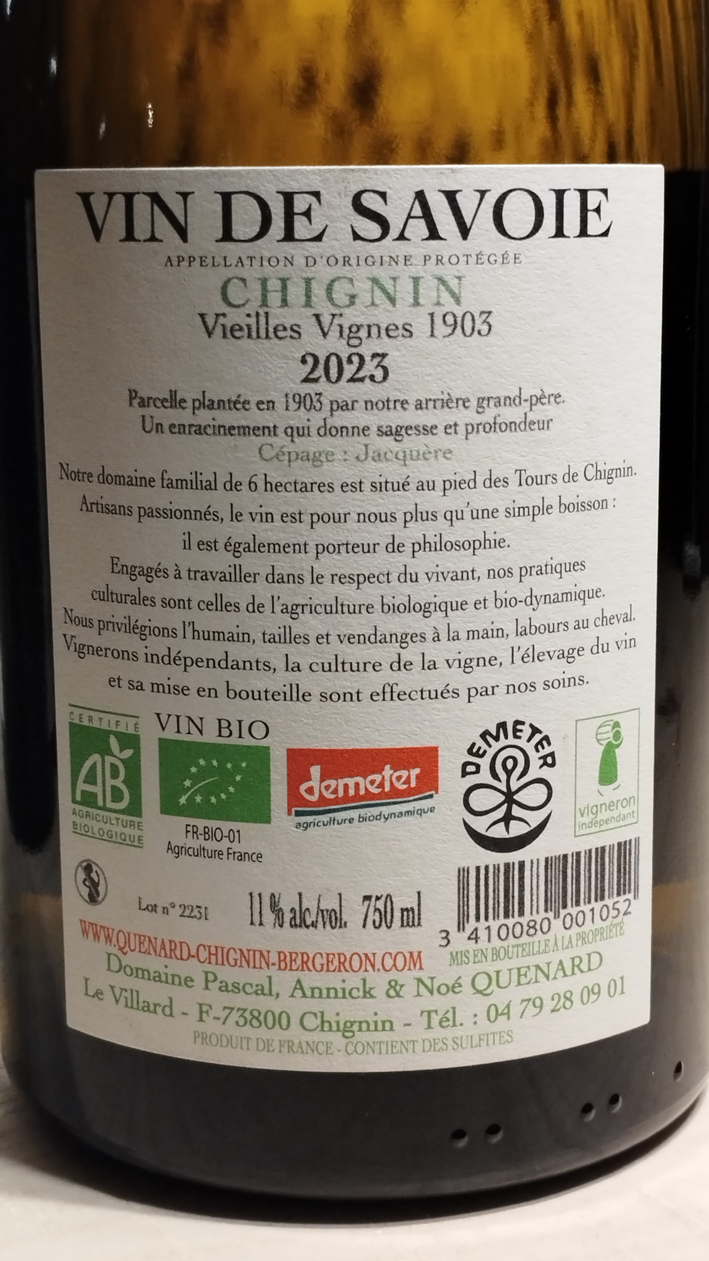 Chignin "1903" 2023- Domaine Annick et Pascal Quenard