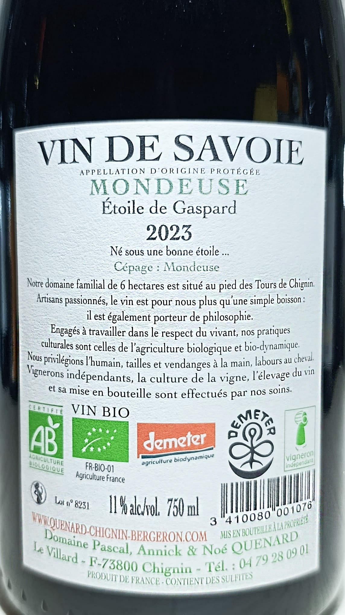 Etoile de Gaspard 2023, Domaine Pascal, Annick et Noé Quenard